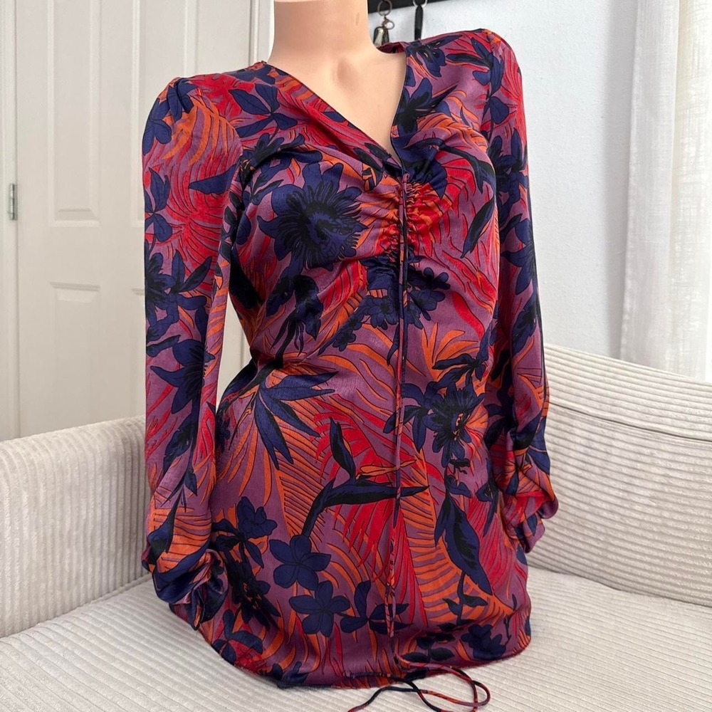Zara Mini Dress Women Multicoloured Floral Gathered Front Ruched Sleeve